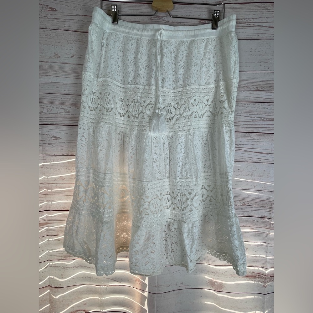 Gypsy Blu White Lace Skirt Sz XL Midi Elastic Waist Boho Festival Concert Fairy